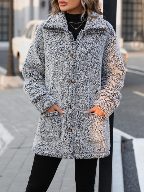 Women Pocketed Collared Neck Long Sleeve Plush Jacket