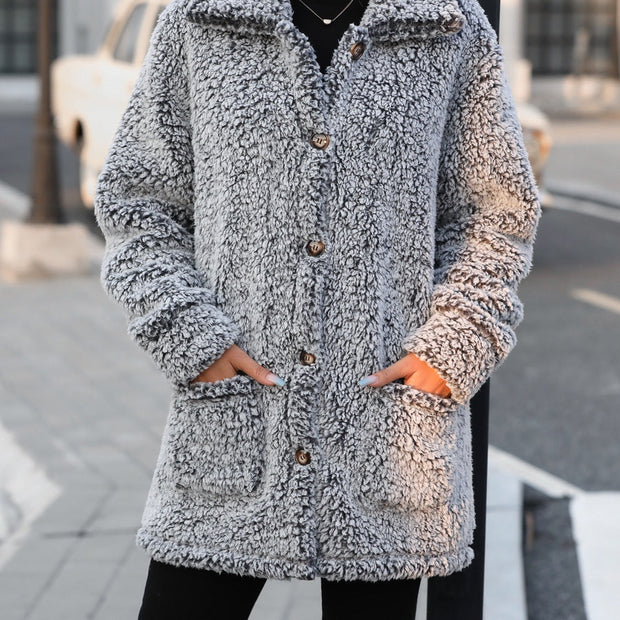 Women Pocketed Collared Neck Long Sleeve Plush Jacket