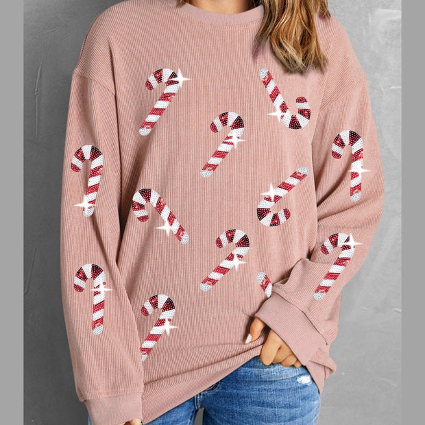 Women Sequin Candy Cane Round Neck Christmas Sweatshirt
