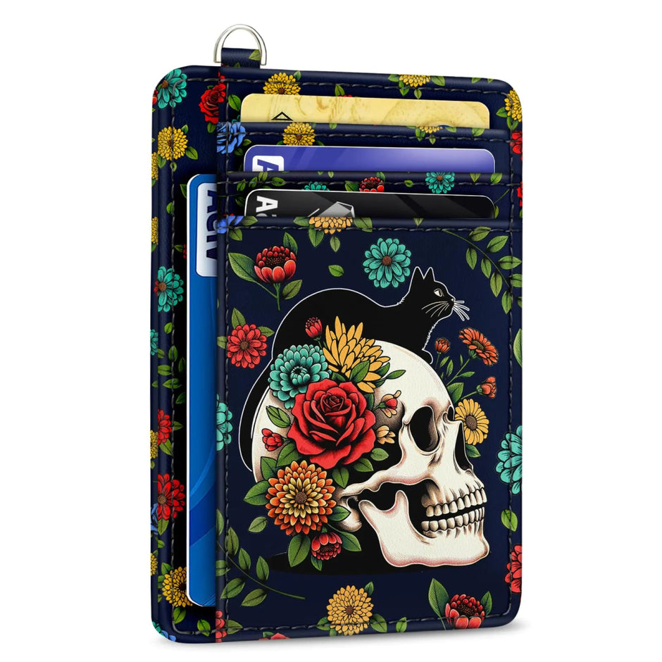 Cat Skull Credit Card Holder Slim Wallet, Floral Goth RFID Wallet Women Front Pocket Small Card Holder, Funny Skeleton Travel Card Case ID Window PU Leather RFID Blocking Card Organizer Gift - Custom Crafting Alliance, LLC