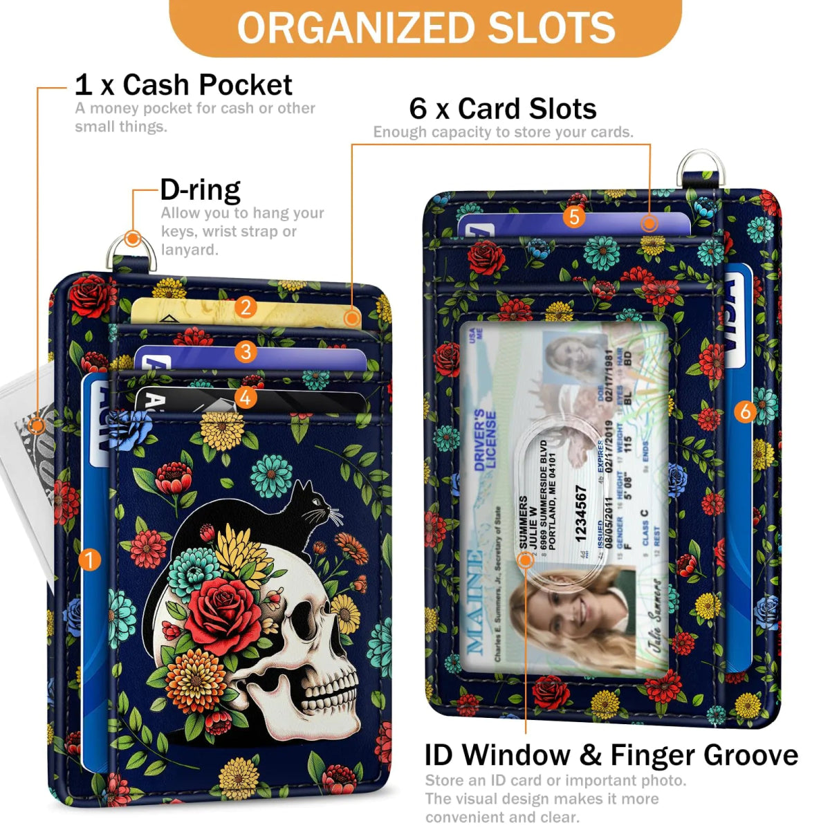 Cat Skull Credit Card Holder Slim Wallet, Floral Goth RFID Wallet Women Front Pocket Small Card Holder, Funny Skeleton Travel Card Case ID Window PU Leather RFID Blocking Card Organizer Gift - Custom Crafting Alliance, LLC