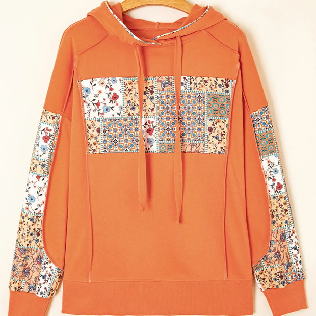 Floral Patchwork Hoodie with Drawstring
