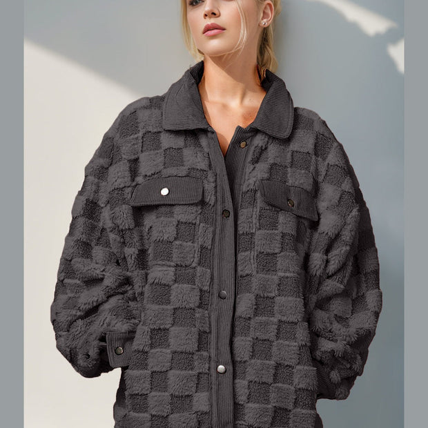 Women Women Double Take Button Up Fuzzy Checkered Shacket