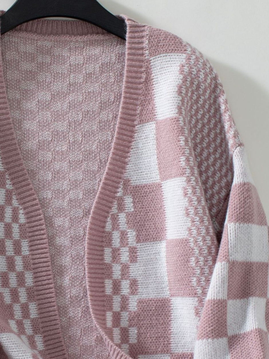 Women Double Take Checkered Open Front Dropped Shoulder Cardigan