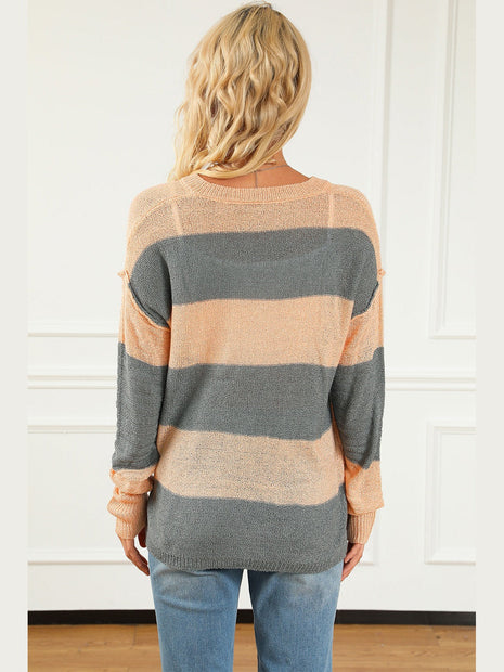 Striped Buttoned Dropped Shoulder Slit Sweater