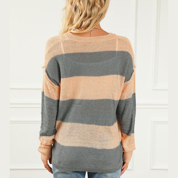 Striped Buttoned Dropped Shoulder Slit Sweater