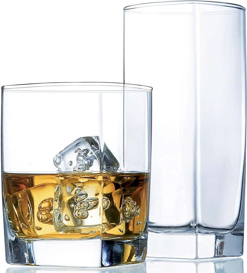 Collins Everyday Drinking Glasses Set of 16 Drinkware Kitchen Glasses for Cocktail, Iced Coffee, Beer, Ice Tea, Wine, Whiskey, Water, 8 Tall Highball Glass Cups & 8 Short Old Fashioned - Custom Crafting Alliance, LLC
