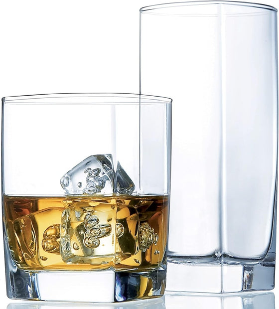 Collins Everyday Drinking Glasses Set of 16 Drinkware Kitchen Glasses for Cocktail, Iced Coffee, Beer, Ice Tea, Wine, Whiskey, Water, 8 Tall Highball Glass Cups & 8 Short Old Fashioned - Custom Crafting Alliance, LLC