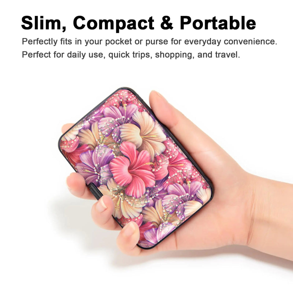 Credit Card Holder Small RFID Blocking Wallet Business Metal Slim Mini Aluminum Hard Case for Women Men Pink Purple Tropical Hibiscus Flowers - Custom Crafting Alliance, LLC