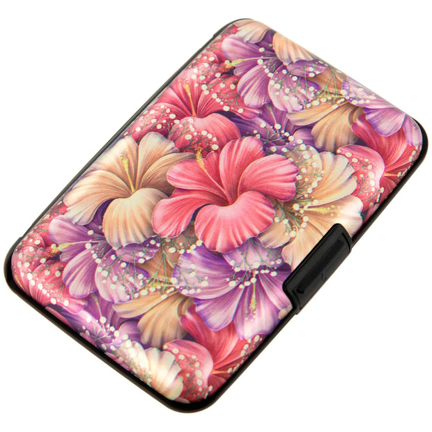 Credit Card Holder Small RFID Blocking Wallet Business Metal Slim Mini Aluminum Hard Case for Women Men Pink Purple Tropical Hibiscus Flowers - Custom Crafting Alliance, LLC