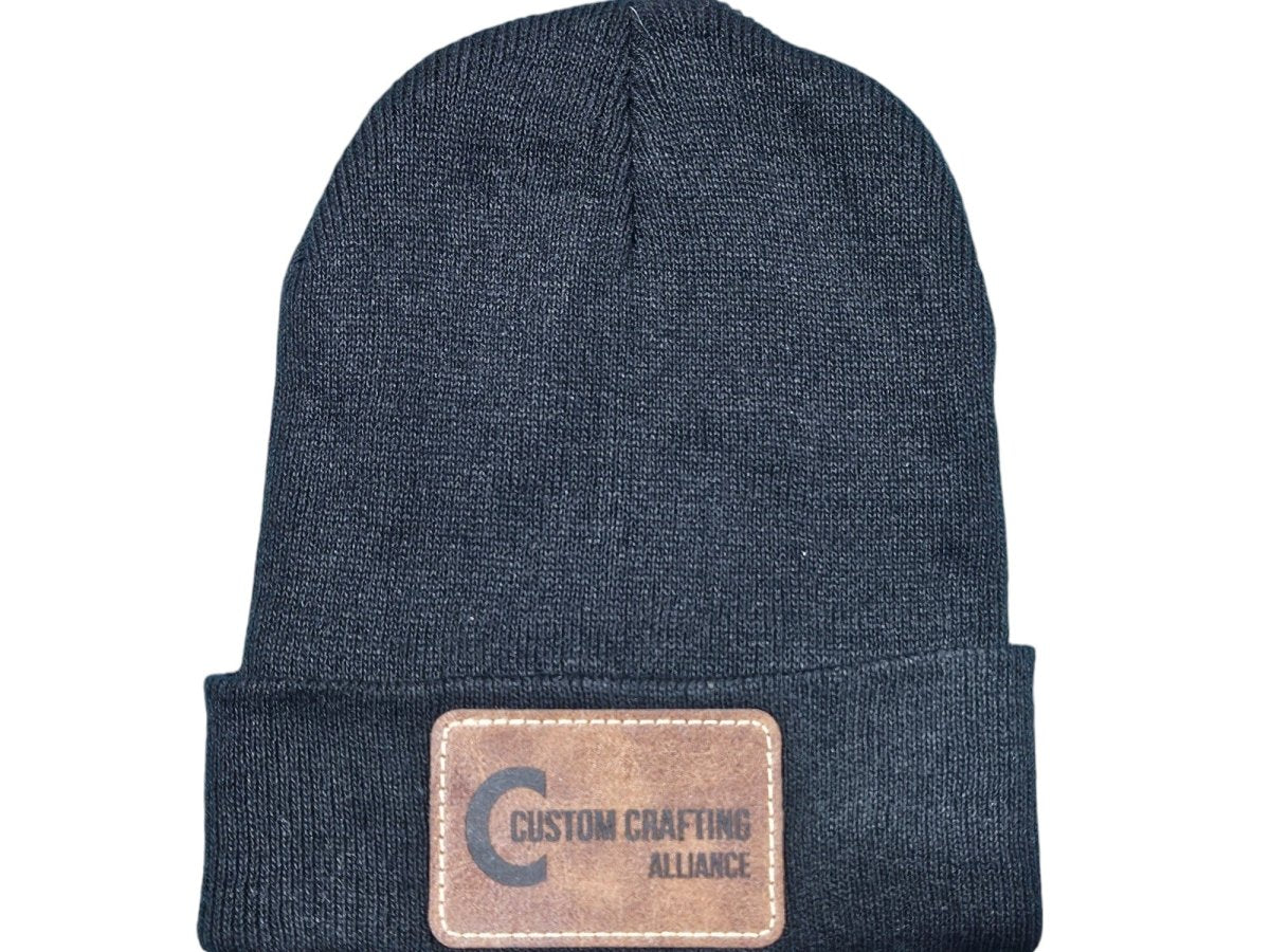 Customizable Knit Beanie with Laser - Engraved Leatherette Patch - Custom Crafting Alliance