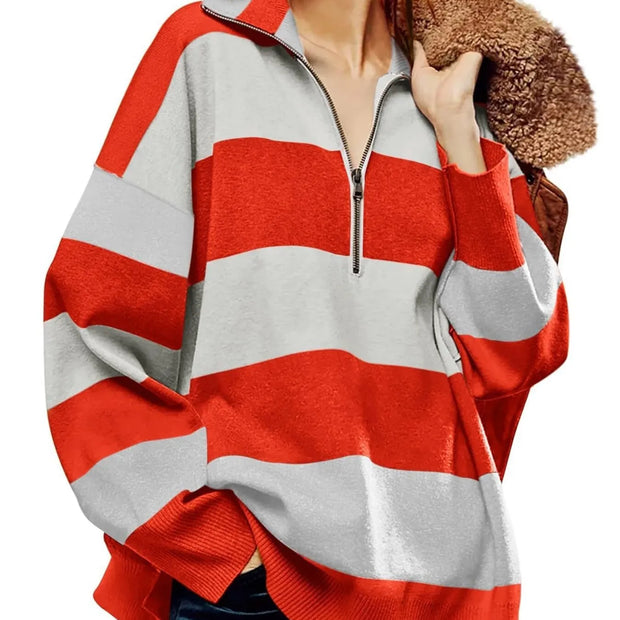 Striped Half-Zip Oversized Sweatshirt