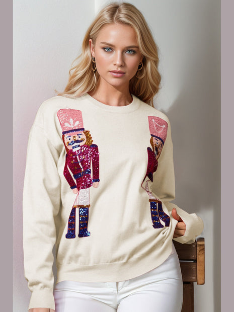 Double Take Full Size Nutcracker Sequin Long Sleeve Sweater