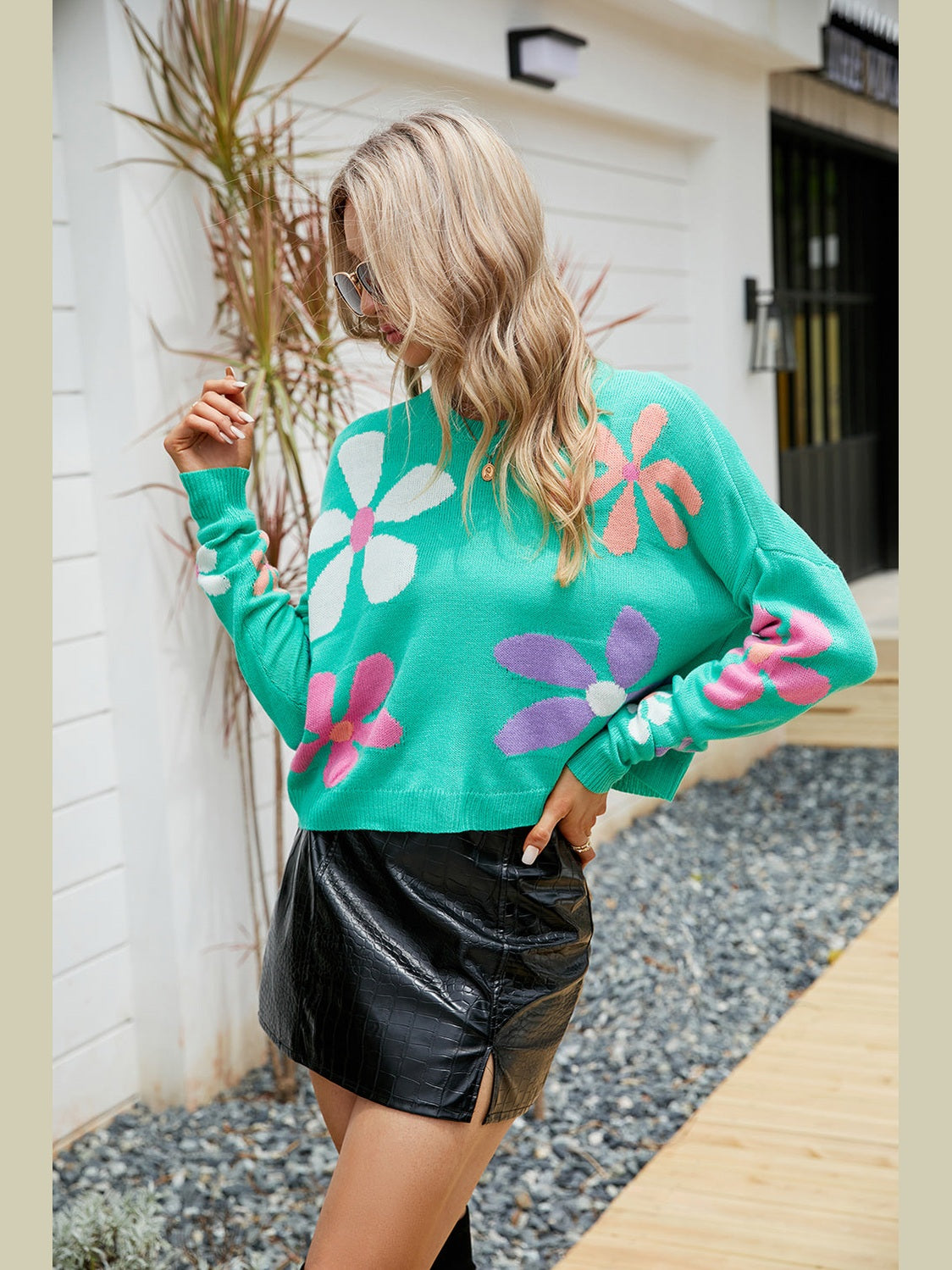 Flower Round Neck Drop Shoulder Sweater