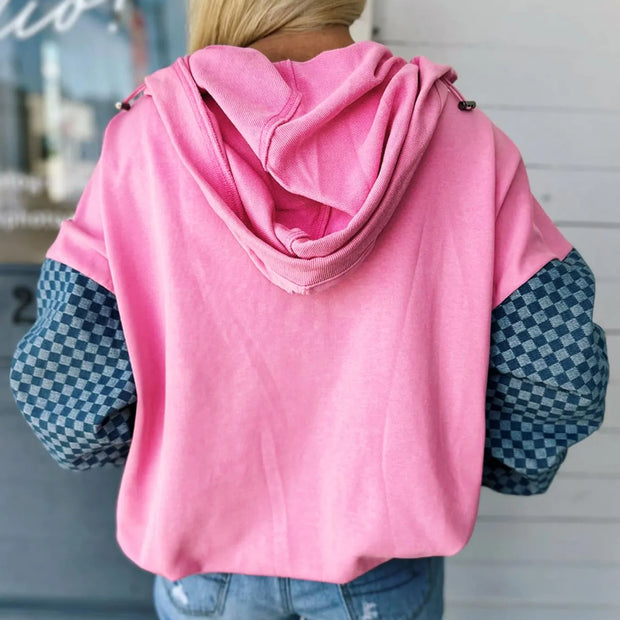 Half Zip Checkered Sleeve Hoodie
