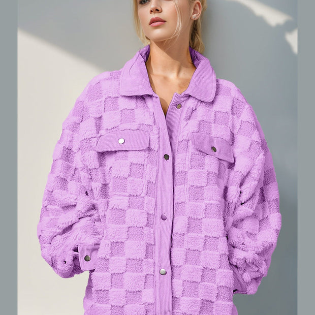 Women Women Double Take Button Up Fuzzy Checkered Shacket