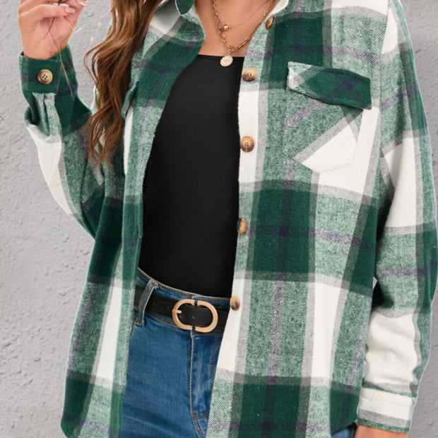 Women Full Size Pocketed Plaid Collared Neck Shacket