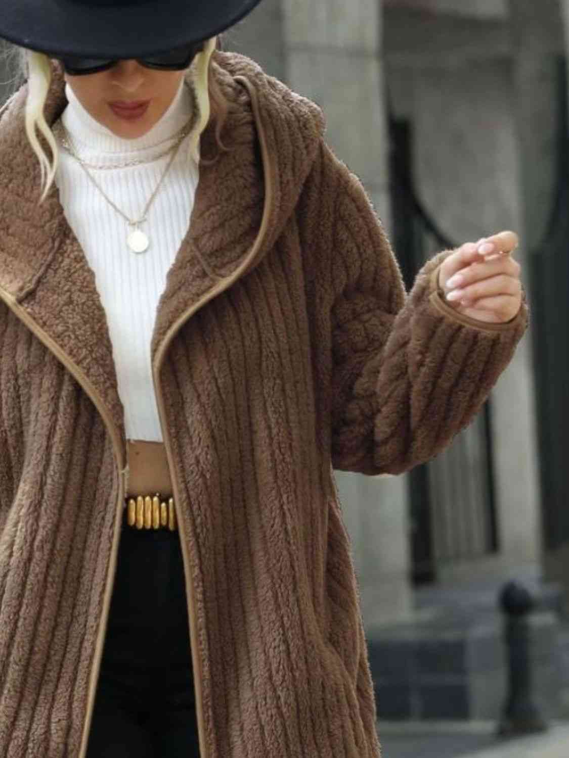 Women Open Front Ribbed Hooded Coat