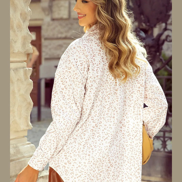 Leopard Collared Neck Dropped Shoulder Jacket