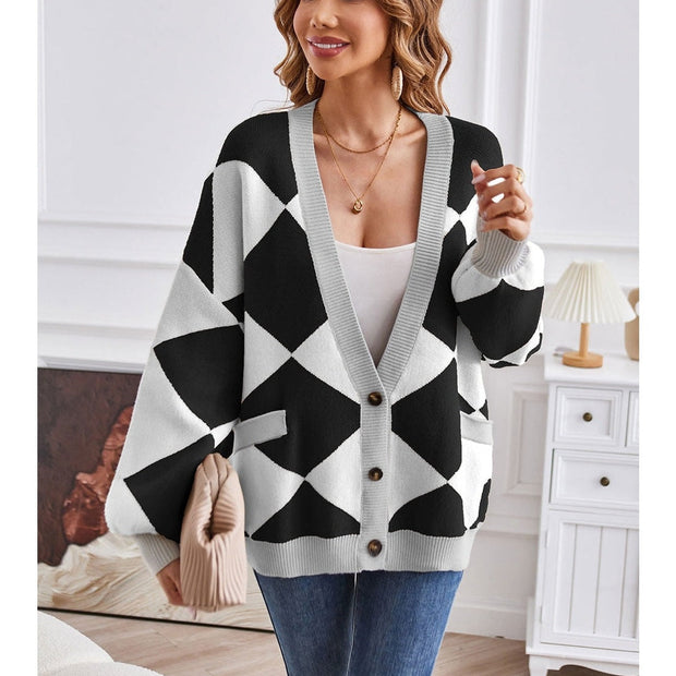 Women Geometric Lantern Sleeve Cardigan with Pockets