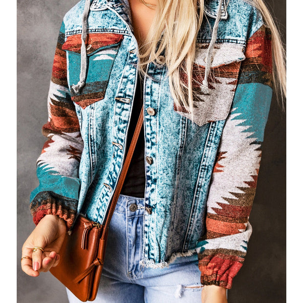 Women Drawstring Hooded Pocketed Denim Jacket