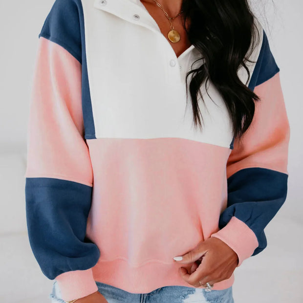 Colorblock Patchwork Half Button Baggy Sweatshirt