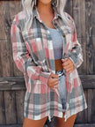 Women Pocketed Plaid Collared Neck Shacket