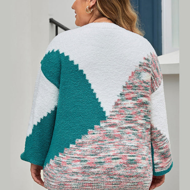 Plus Size Color Block Round Neck Sweater