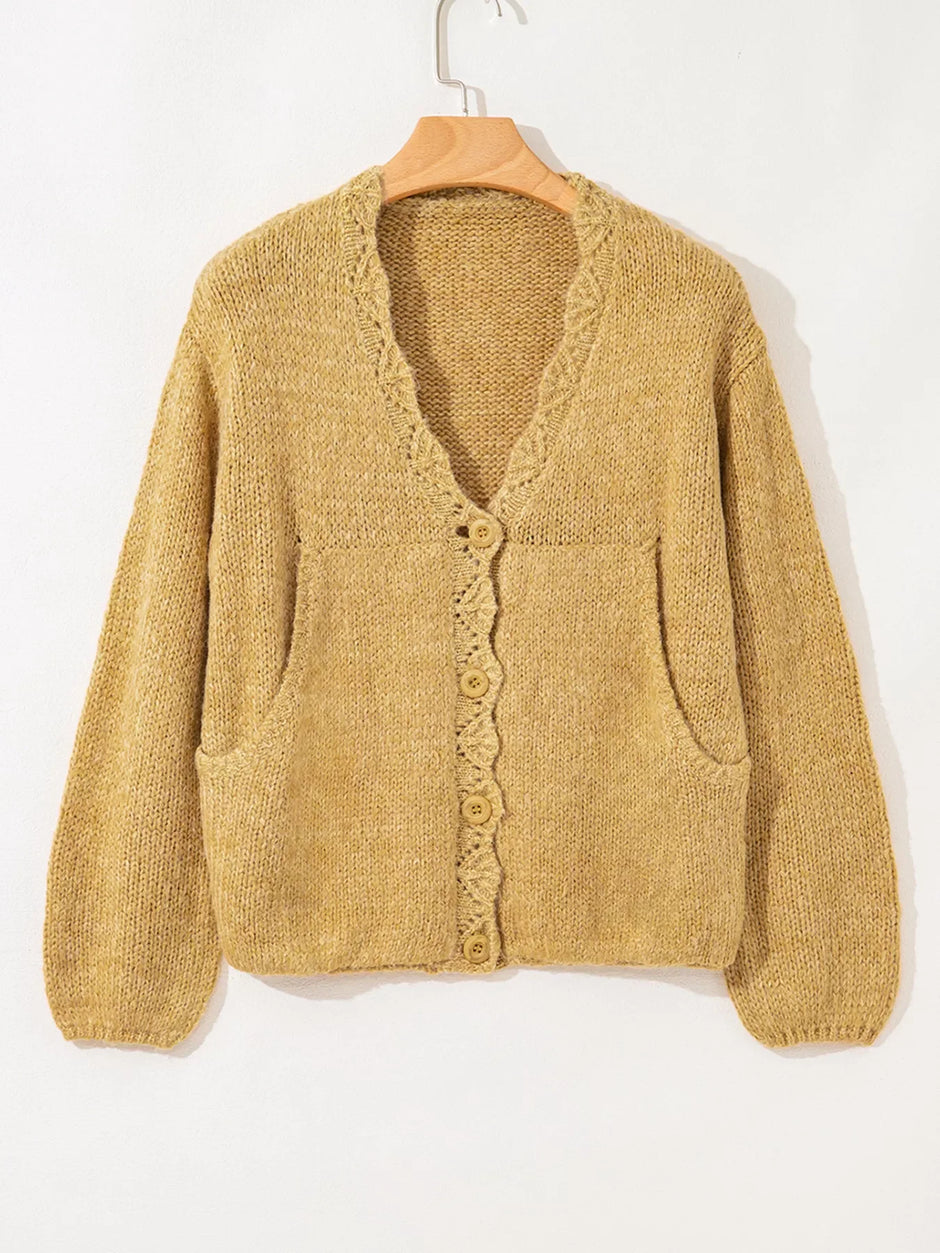 Women Lantern Sleeve Scallop V Neck Buttoned Front Cardigan Sweater
