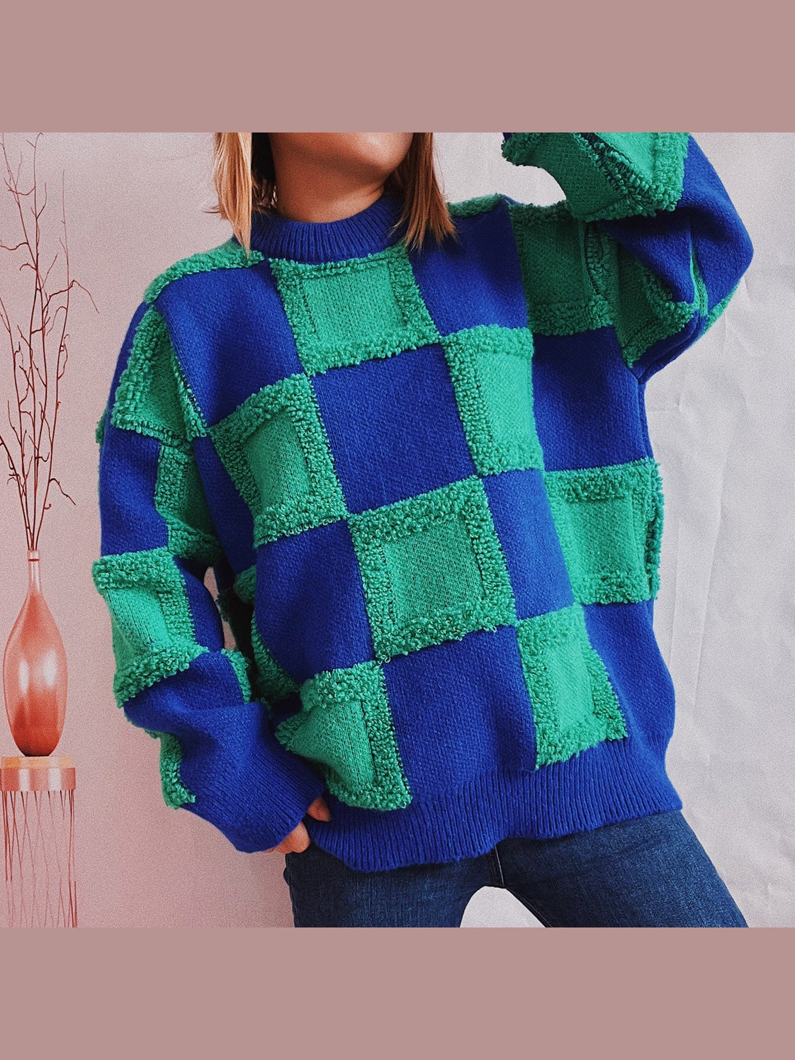 Checkered Round Neck Long Sleeve Sweater