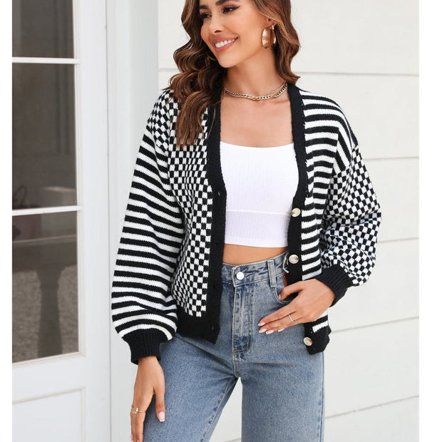 Women Button-Down Stripe & Plaid Contrast Pattern Cardigan Sweater