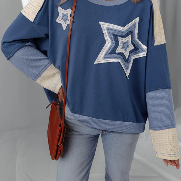 Contrast Knitted Colorblock Star Patchwork Oversize Long Sleeve Top