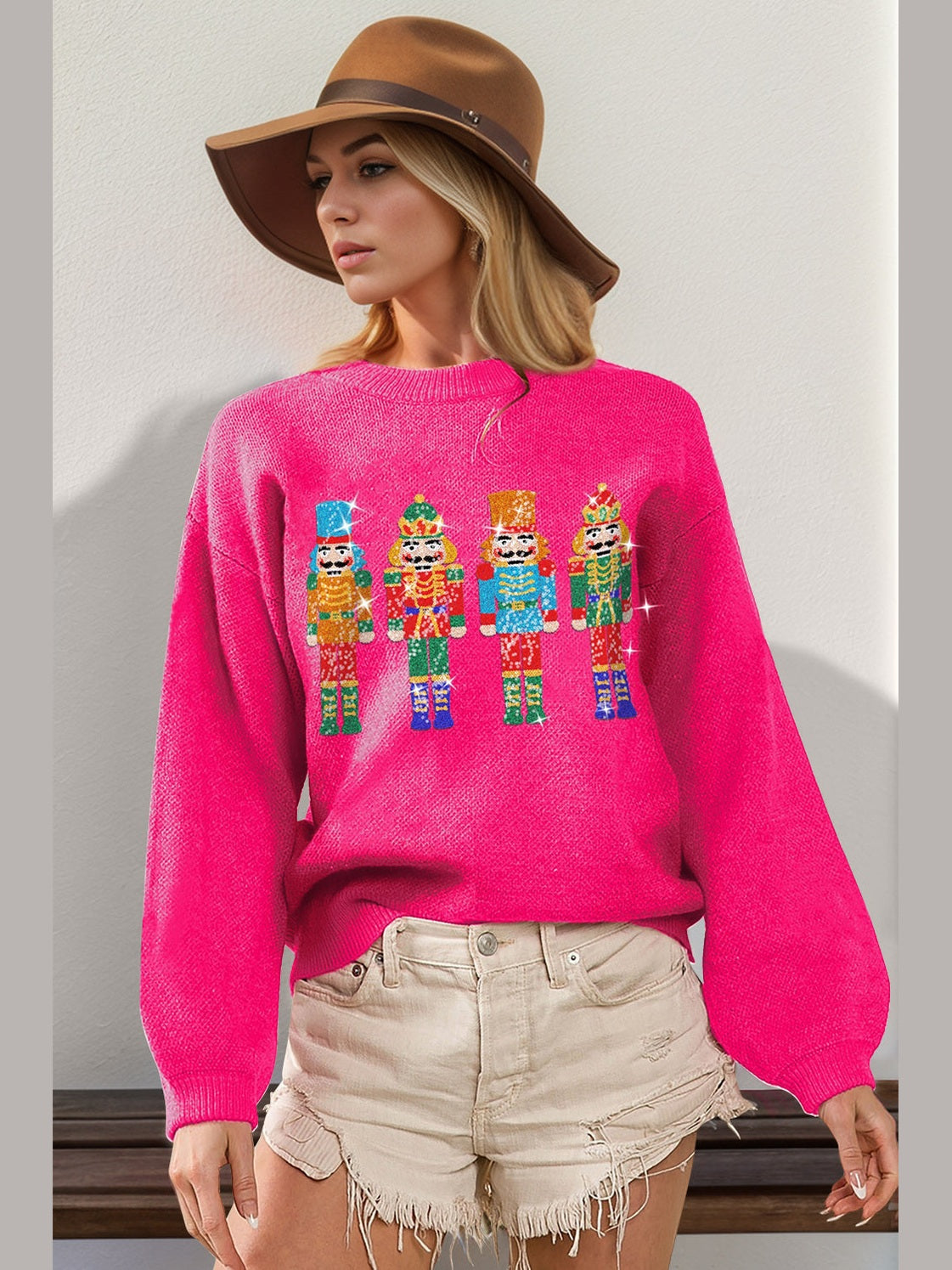 Double Take Full Size Sequin Nutcracker Long Sleeve Sweater