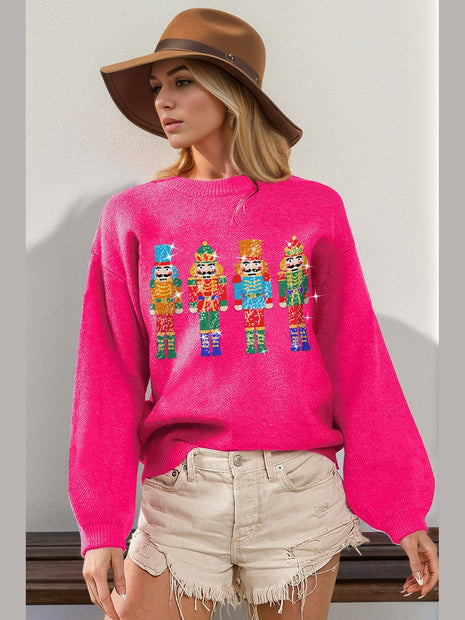 Double Take Full Size Sequin Nutcracker Long Sleeve Sweater