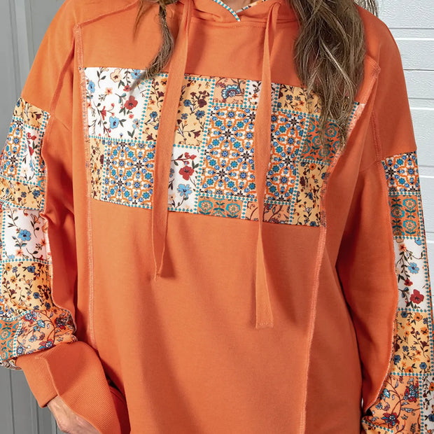 Floral Patchwork Hoodie with Drawstring