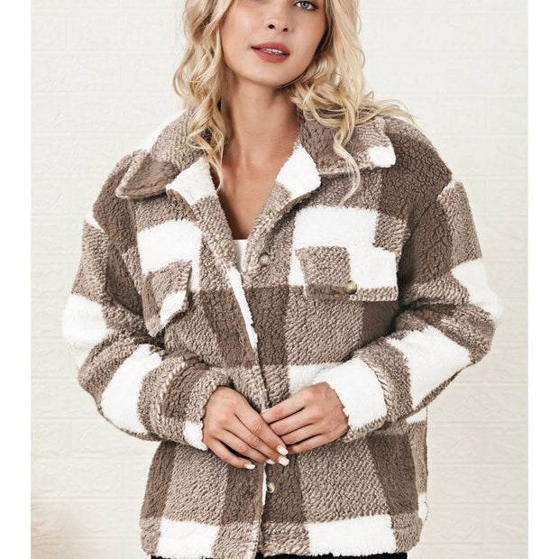 Plaid Collared Neck Drop Shoulder Jacket
