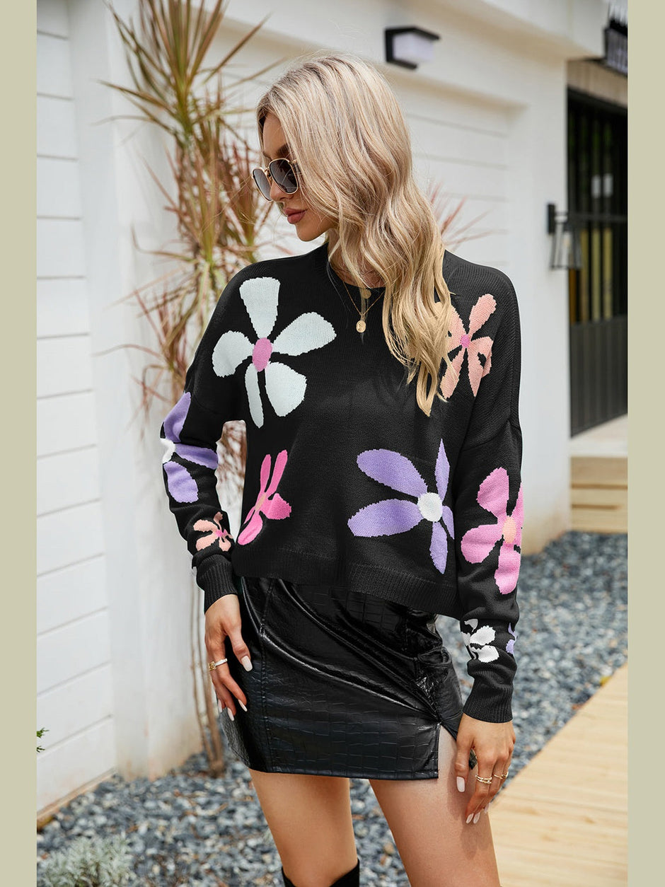 Flower Round Neck Drop Shoulder Sweater