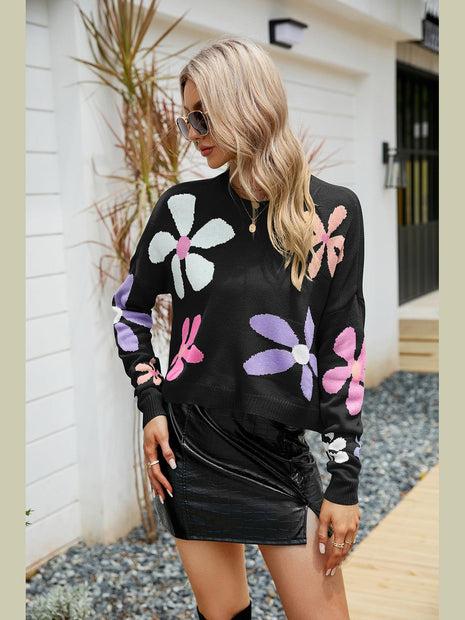 Flower Round Neck Drop Shoulder Sweater