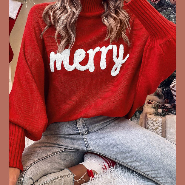 Double Take Full Size Merry Christmas Turtleneck Long Sleeve Sweater