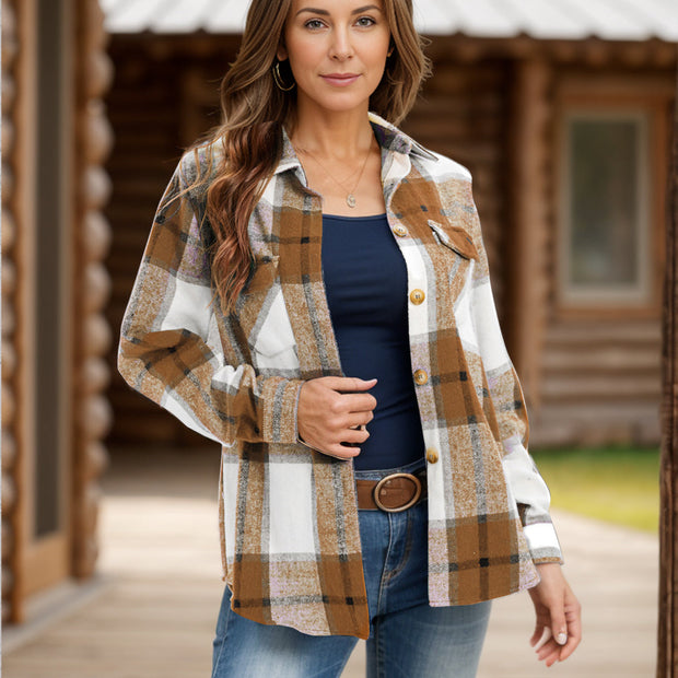 Women Full Size Pocketed Plaid Collared Neck Shacket