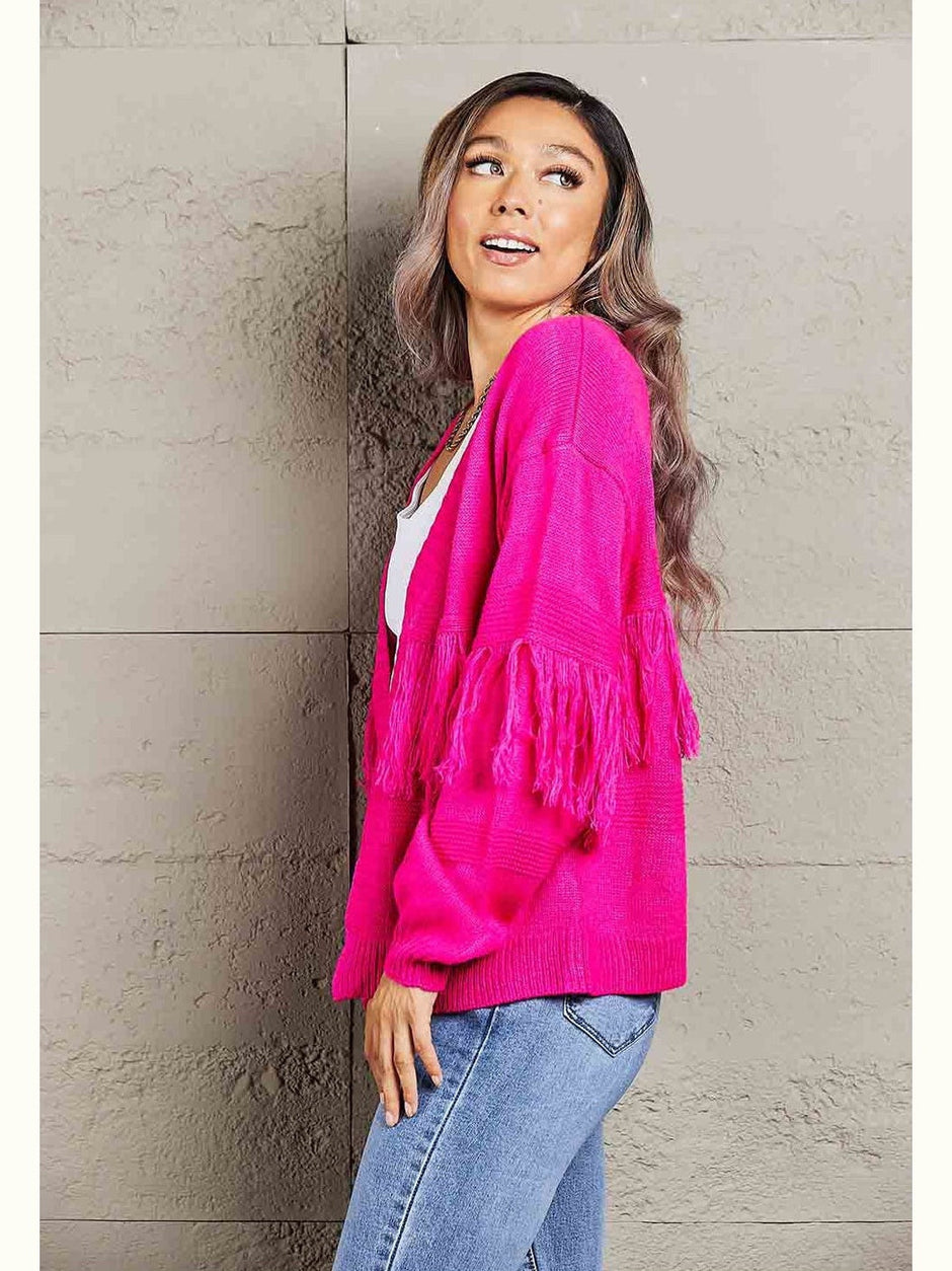 Women Double Take Fringe Trim Open Front Cardigan Sweater
