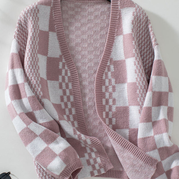 Women Double Take Checkered Open Front Dropped Shoulder Cardigan