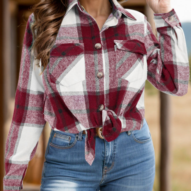 Women Full Size Pocketed Plaid Collared Neck Shacket