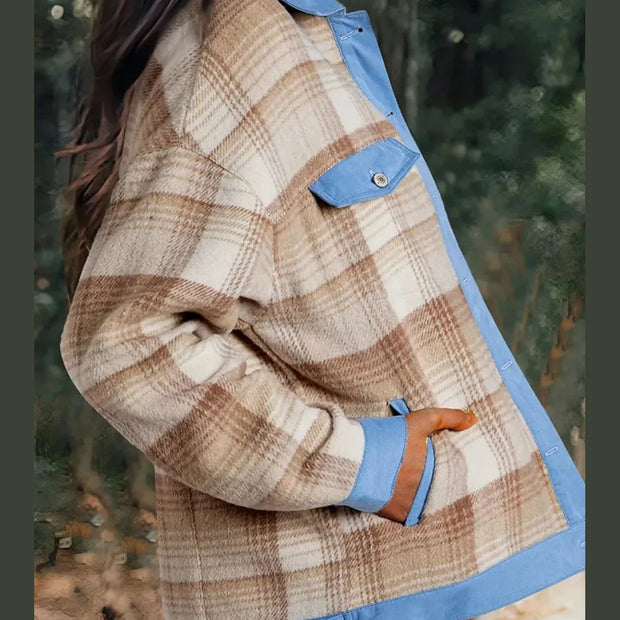Women Contrast Trim Plaid Collared Neck Shacket
