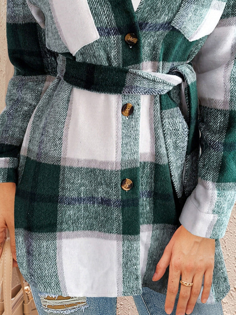 Women FAM-FAM Tied Plaid Button Up Shacket
