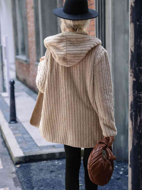 Women Open Front Ribbed Hooded Coat