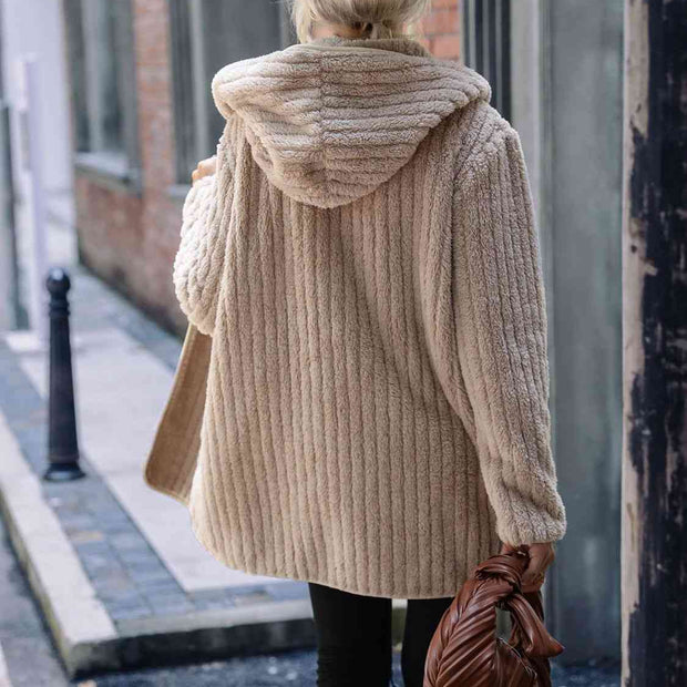 Women Open Front Ribbed Hooded Coat