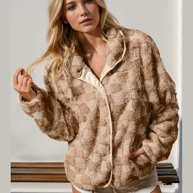 Women Double Take Checkered Long Sleeve Fuzzy Jacket