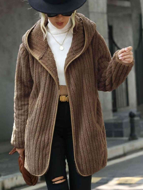 Women Open Front Ribbed Hooded Coat