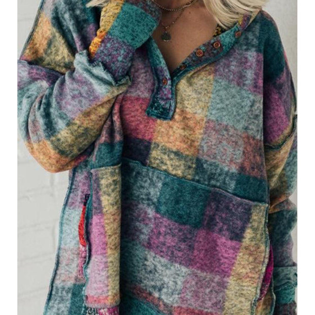 Women Multicolor Brushed Plaid Buttoned Pullover Oversized Hoodie